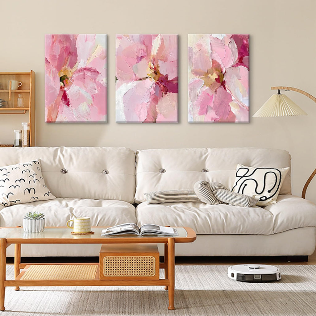 Abstract Floral Wall Art Pink Flower Canvas Pictures Modern Wall Decor Blush Pastel Pink Prints Peony Painting Minimalist Poster Botanical Artwork for Bedroom Living Room 16x24x3 Inch Ready to Hang