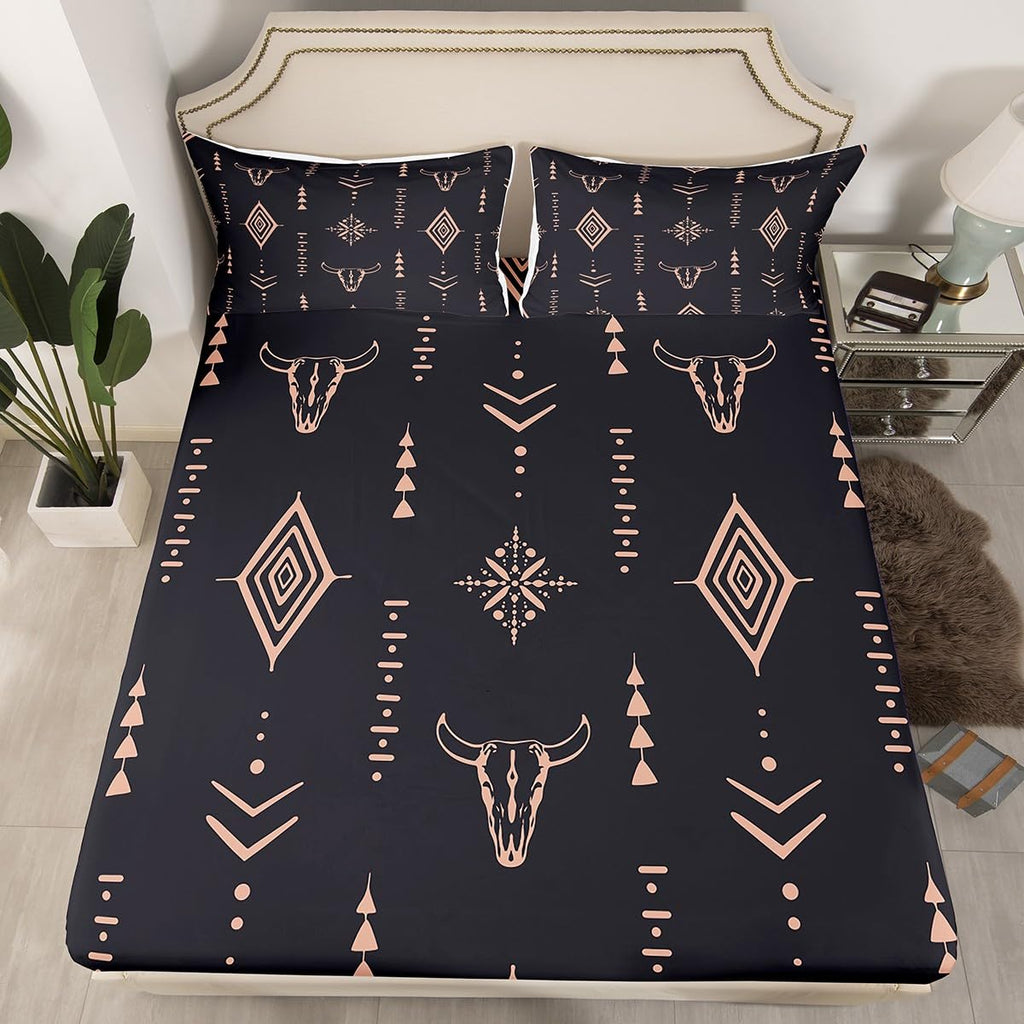 Bull Skull Bed Sheets Set King Boho Sheet Set Ethnic Horns Bohemian Sheets Brown Tribal Symbol Mysterious Aztec Bedroom Decor Abstract Geometric Flat Fitted Sheet for Men Boys