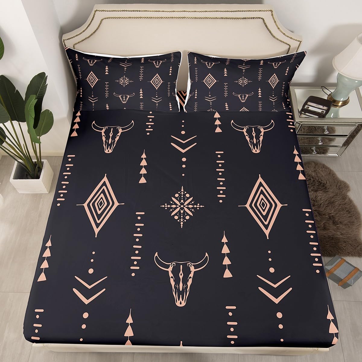 Bull Skull Bed Sheets Set King Boho Sheet Set Ethnic Horns Bohemian Sheets Brown Tribal Symbol Mysterious Aztec Bedroom Decor Abstract Geometric Flat Fitted Sheet for Men Boys