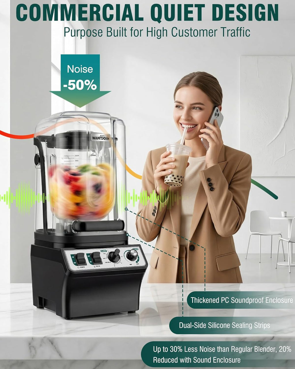 WantJoin Commercial Blender - 80Oz Quiet Smoothie Maker with Soundproof Shield & Self-Cleaning Feature