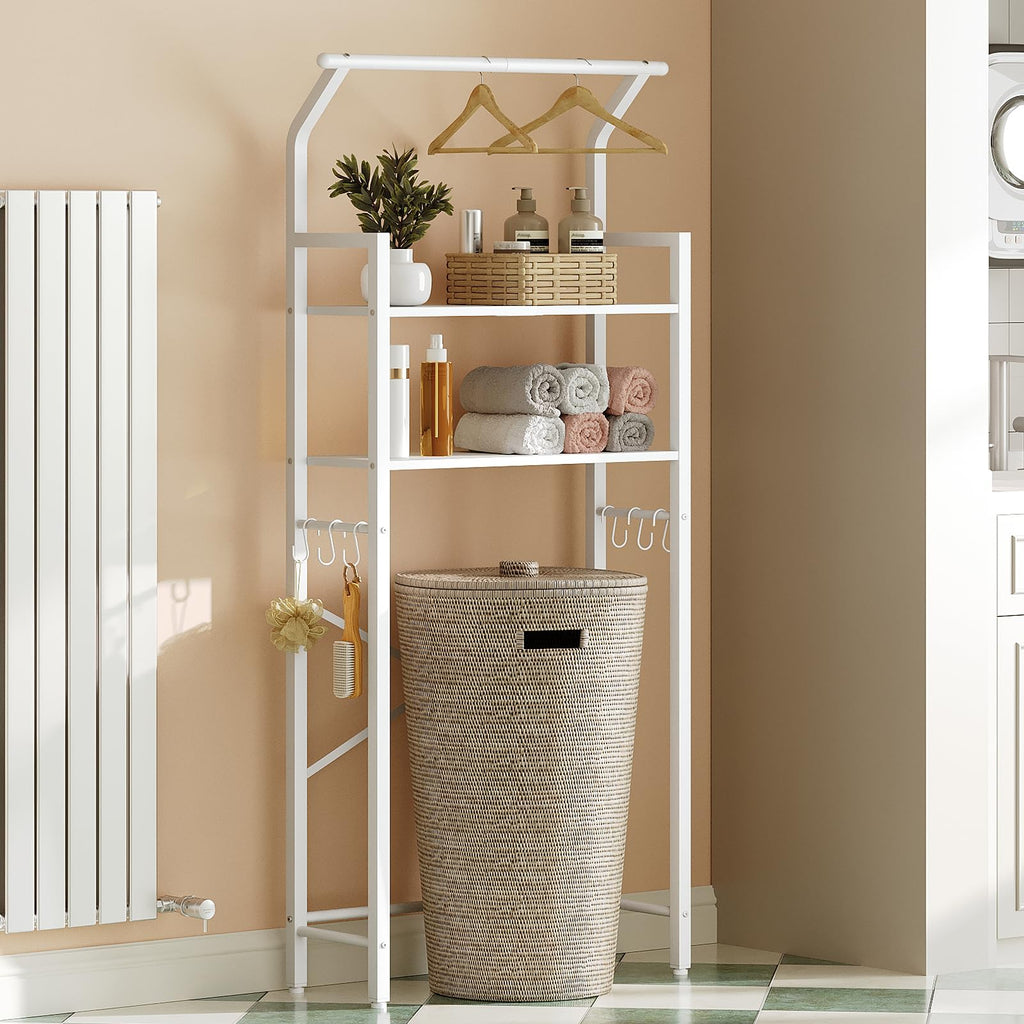 YATINEY 2-Tier Over The Toilet Storage, Multifunctional Vertical Over Toilet Bathroom Organizer, Freestanding Bathroom Storage Shelves with Hooks, Bathroom Organizer, Rustic Brown and Black TR01WT
