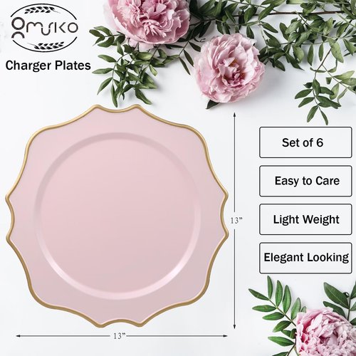 Omuriko Set of 12 Pink Chargers for Dinner Plates, 13 Inch Scalloped Plastic Decorative Table Charge Service Plates for Wedding, Holiday, Thanksgivng, Christmas
