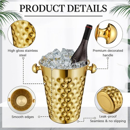 2 Pcs Gold Metal Champagne Ice Bucket 4.7 L Stainless Steel Doublewall Wine Ice Bucket for Bar, Party, Wedding, Banquet, Outdoor, BBQ(Hammer Texture)