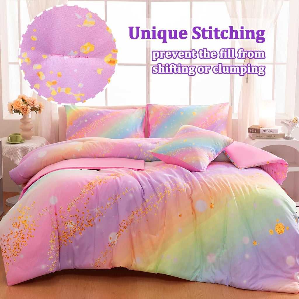 ASKOTU Full Size Bedding Sets for Girls, 6 Pcs Bed in A Bag Full Glitter Galaxy Bedding Set, Girls Pink Rainbow Comforter Set with Sheets