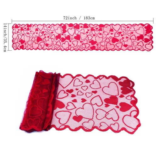 SaktopDeco Red Lace Table Runner Heart Runner 72 Inches Fireplace Mantle Scarf Cover Dinning Table Decoration