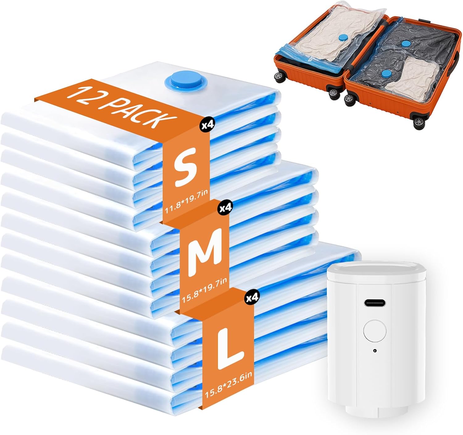Skiennix Travel Vacuum Bags - 12 Pack Compression Bags with Rechargeable Mini Pump for Luggage & Suitcase