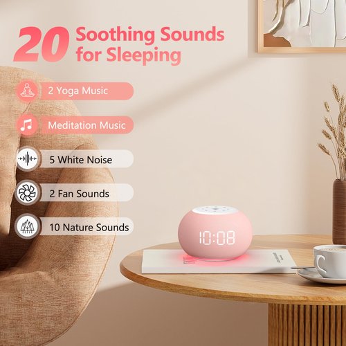 Reacher Auto Dimmable Sound Machine Alarm Clock with Night Lights, 20 Soothing Sounds, Sleep Timer, Precise Volume Control, Cute White Noise Soother for Girls, Kids, Bedrooms, Office