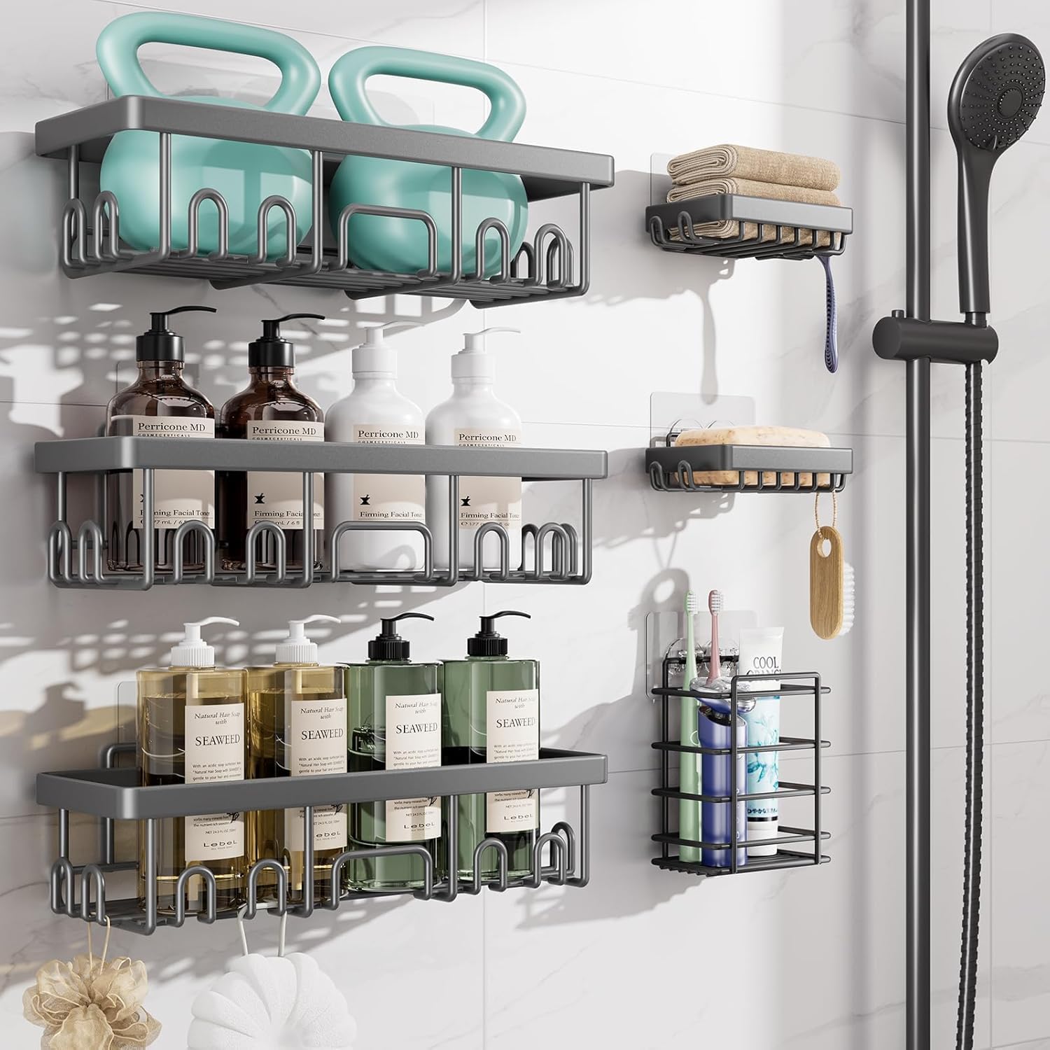 Veken Shower Caddy - Rustproof & Waterproof 6-Pack | No Drilling Adhesive Shelves, Large Capacity, Dark Grey