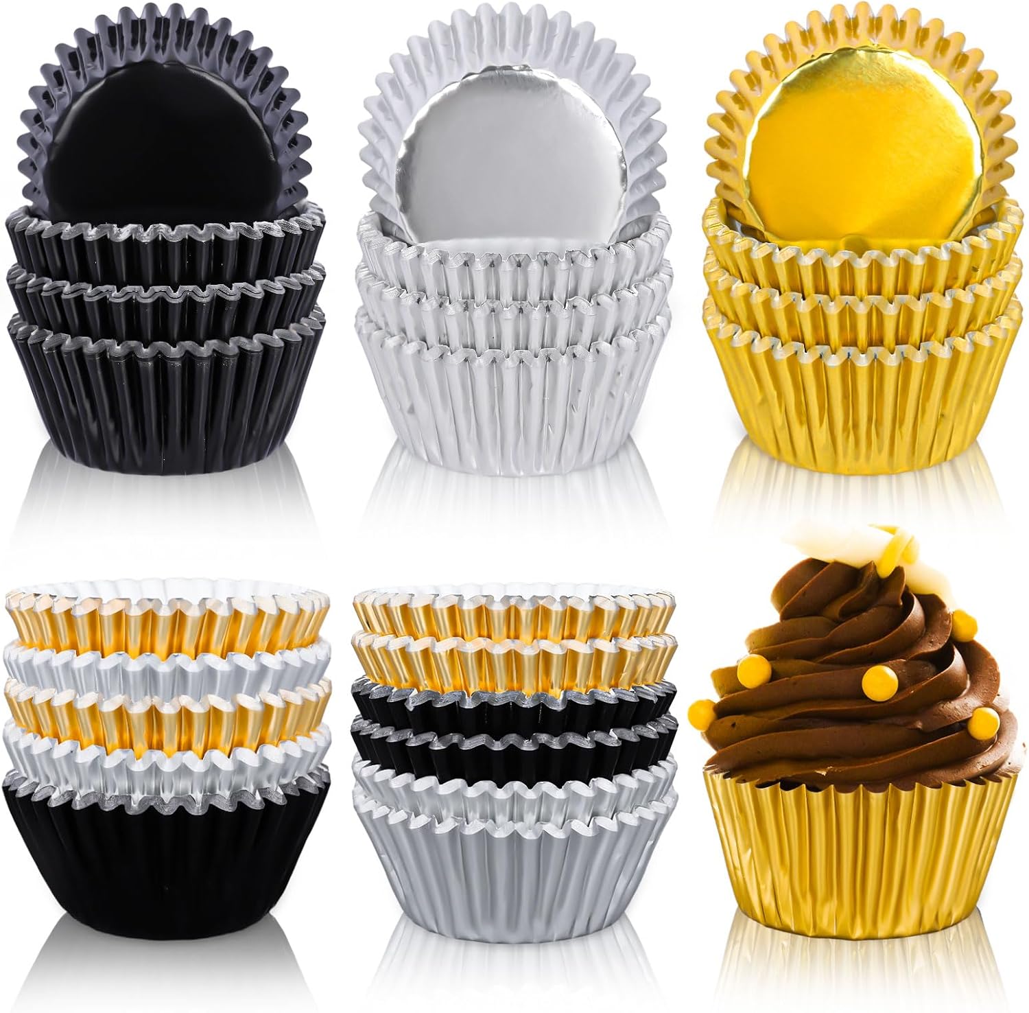 Whaline Graduation Cupcake Liners - 300 Pcs Black, Silver & Gold Foil Baking Cups for Parties