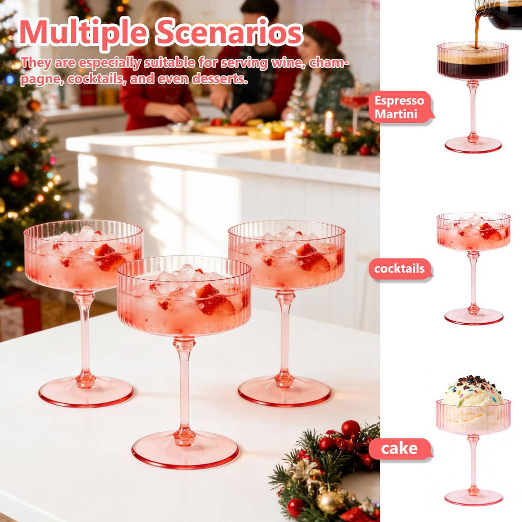 ZOMUIA Ribbed Coupe Glasses 16 Pcs, 10 oz Plastic Champagne Coupe Detachable Acrylic Cocktail Glasses Plastic Martini Glasses for Bar, Wine, Dessert, Cocktail Glassware(Pink)