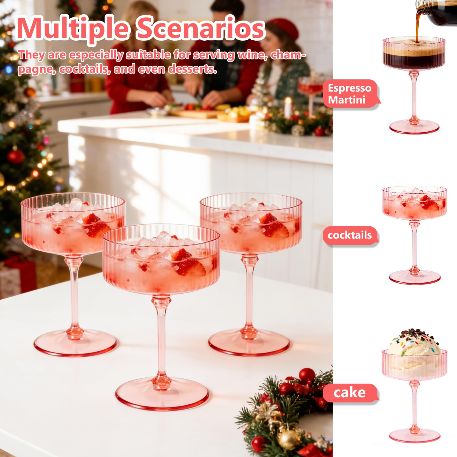 ZOMUIA Ribbed Coupe Glasses 16 Pcs, 10 oz Plastic Champagne Coupe Detachable Acrylic Cocktail Glasses Plastic Martini Glasses for Bar, Wine, Dessert, Cocktail Glassware(Pink)