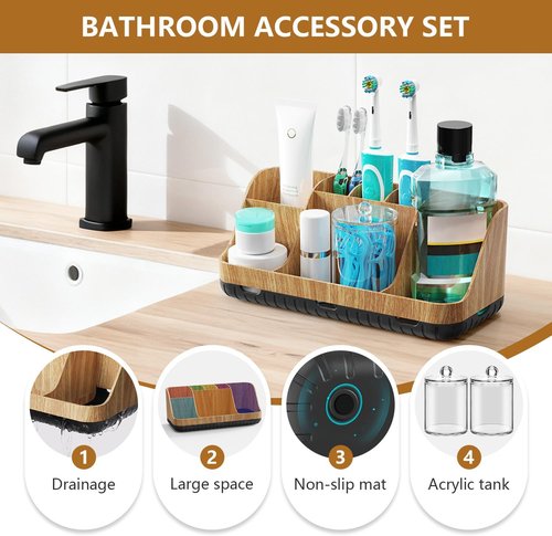 GFWARE Bathroom Toothbrush Holder Set - 2 Pack Qtip Dispenser with Drainage | 7 Slots for Kids' Bathroom Accessories