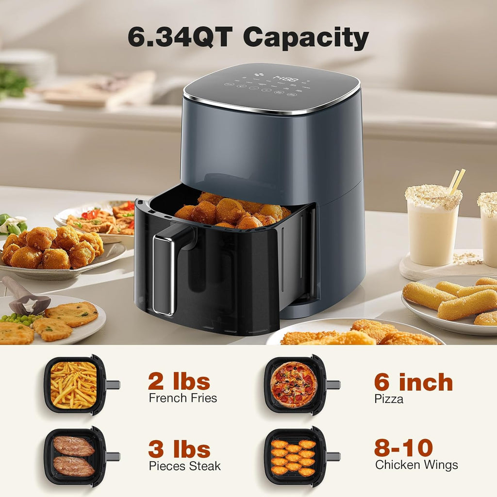 Sweetcrispy 6QT Air Fryer - 12-in-1 Square Oven with Window, Nonstick Basket & Easy-Clean Design, Grey