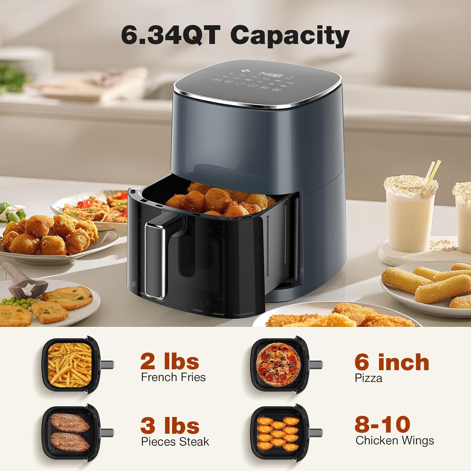 Sweetcrispy 6QT Air Fryer - 12-in-1 Square Oven with Window, Nonstick Basket & Easy-Clean Design, Grey