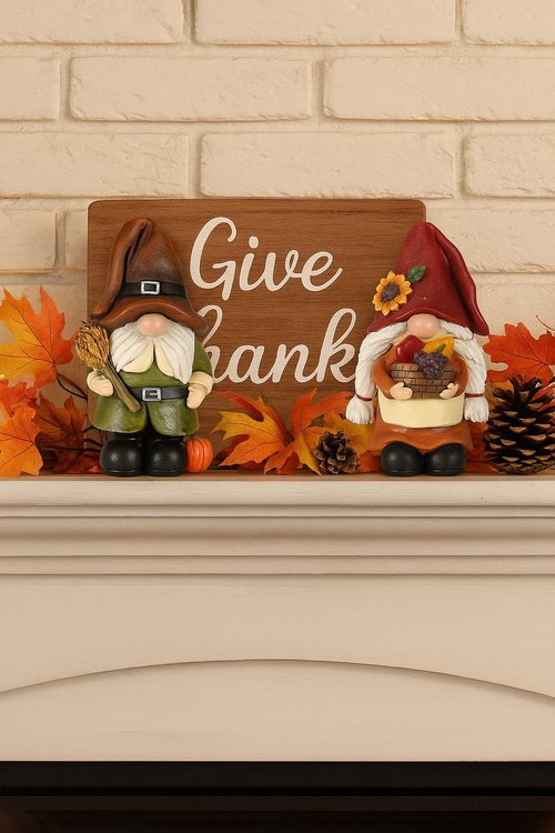 iStatue Thanksgiving Decorations Fall Gnome Figurines – 2 Pack Resin Harvest Figurines with Pumpkins, Wheat & Basket, Autumn Home Décor Accents for Table, Mantel, Shelf (Brown)