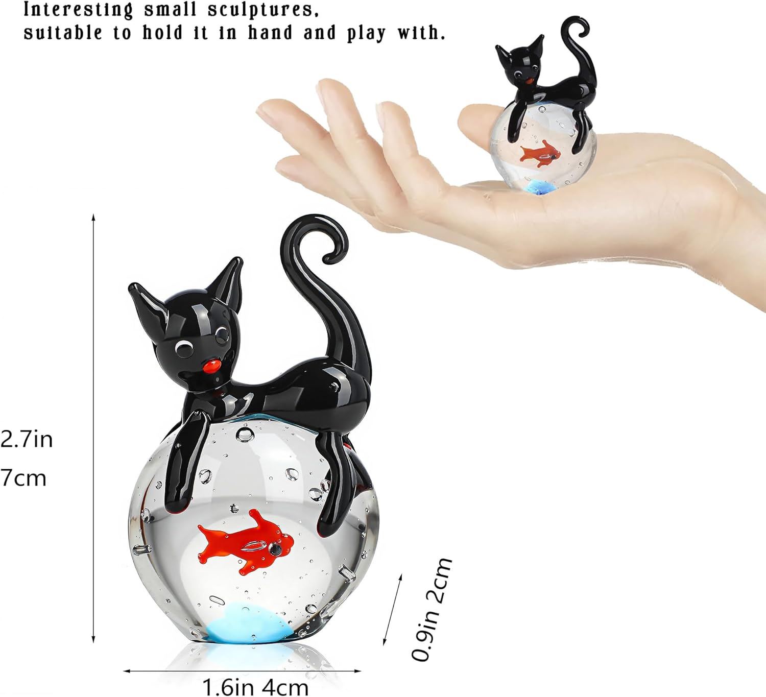 QFkris Blown Glass Black Cat Figurine - 1.6” Mini Glass Sculpture | Unique Cat and Fish Art Collectible for Home Decor & Gifts