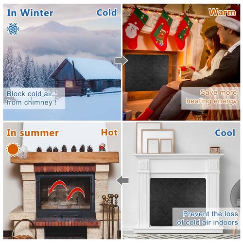 Magnetic Fireplace Cover Blanket Draft Stopper 45*34in Brick Fireplace Screen Insulation Cover Chimney Cold Air Blocker with Strong Magnet Hook-and-Loop Fasteners for Winter Iron Frame Stops Heat Loss