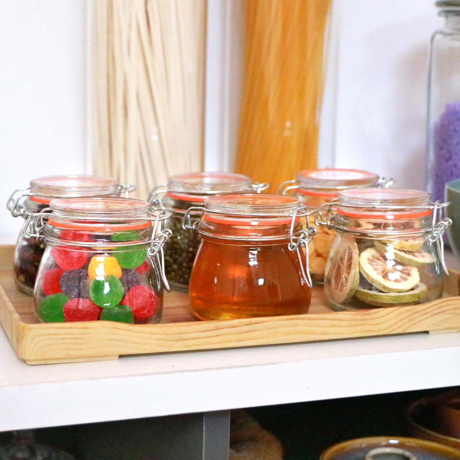 Flrolove 5oz 6pack Glass Jars with Airtight Lid, Glass Food Storage Containers with Lids, Mason Jars, Wire Clip Fastening for Cereal, Flour, Cookie, Spice, Honey, Kitchen Canning