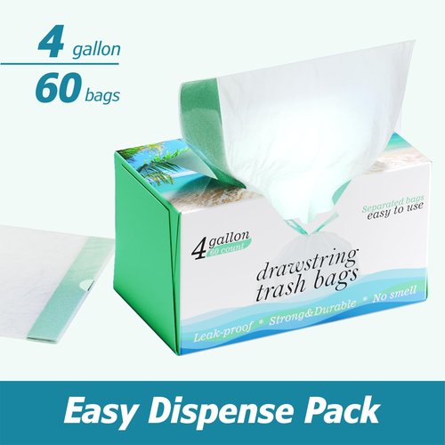 Bay Ridge Laguna 4 Gallon Drawstring Trash Bags - 0.5 Mil Strong - Small Garbage Bags - for Office Bathroom Kitchen - Individual, Unscented, White, 19" x 19", 60 Count