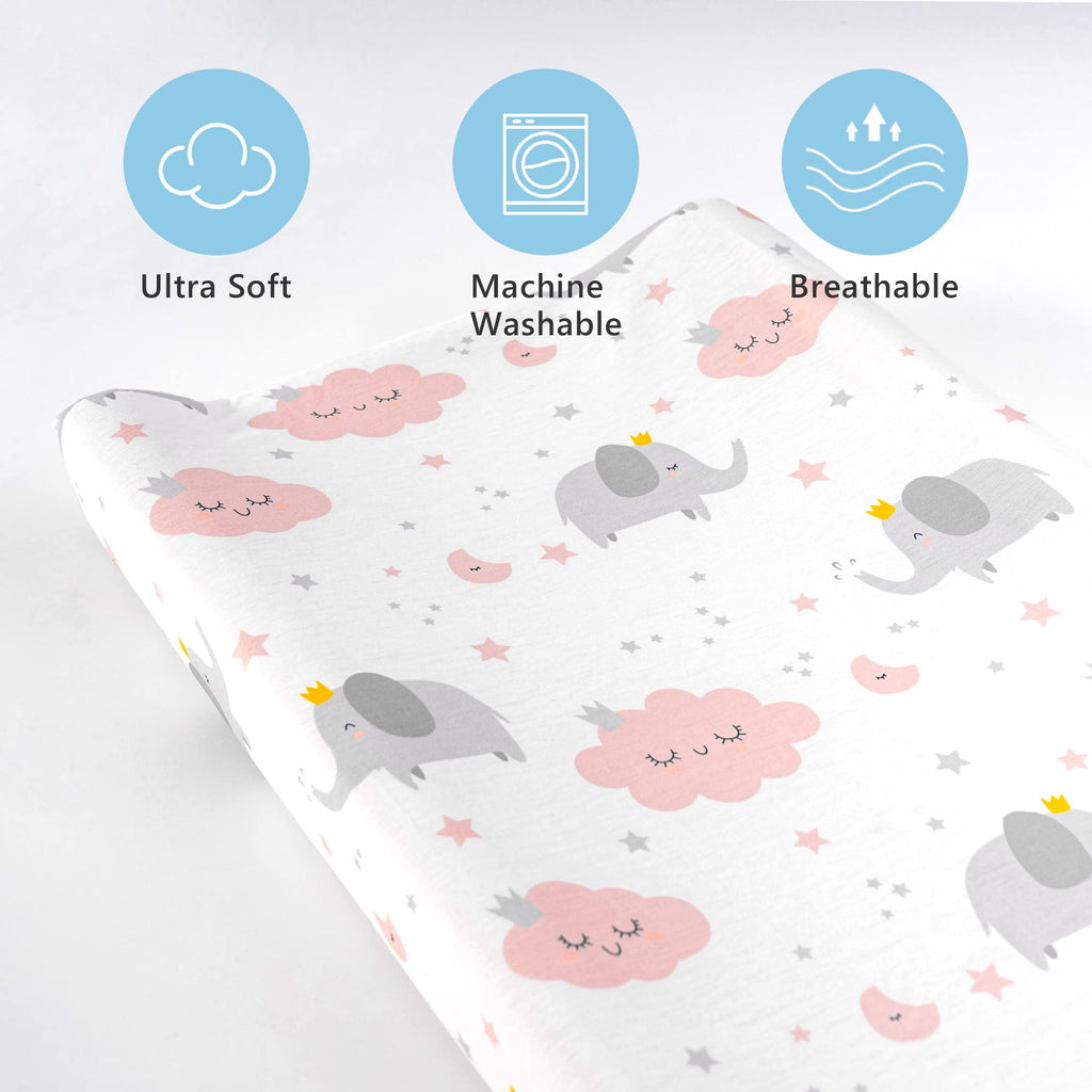 TILLYOU Changing Pad Cover Set in Soft Jersey Material - Fits 32"/34''x16 Contoured Pad for Babies,Elephant & Cloud, Pink