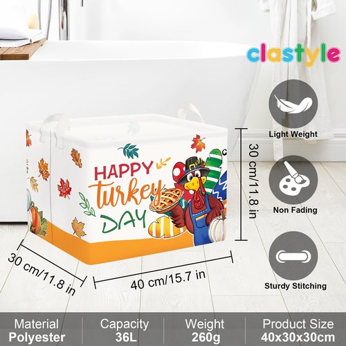 Clastyle Fall Harvest Kid Storage Basket Pumpkin Maple Leaf Thanksgiving Autumn Boys Girls Gift Toy Box Collapsible Clothes Organizer Nursery Bin for Bedroom,Turkey,40 * 30 * 30 cm