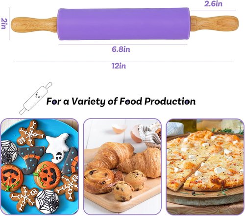 Koogel Rolling Pin - 12 Inch Non-Stick Silicone Surface with Wooden Handle | Perfect for Baking Pies, Pastries & Cookies
