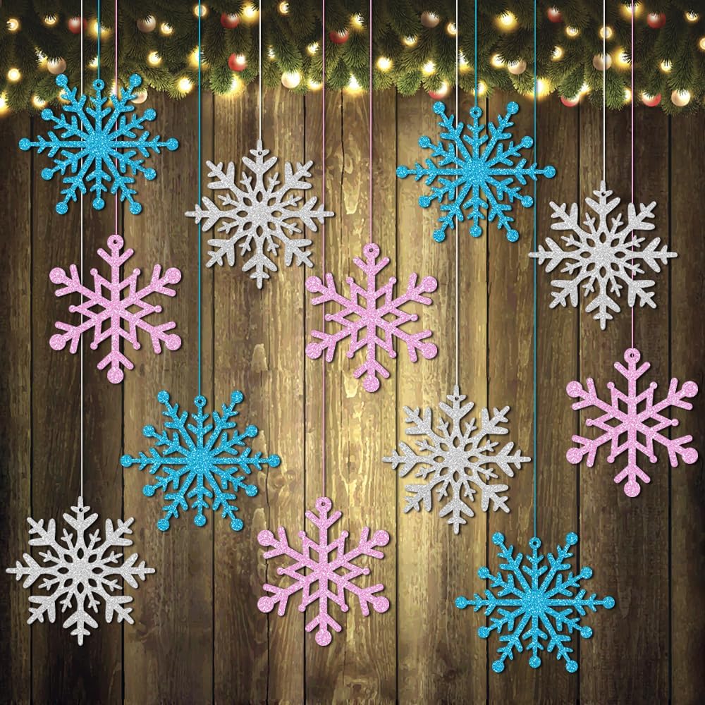 Skiennix Winter Snowflake Hanging Ornaments - Sparkly Ceiling Streamers for Christmas & New Year | Glitter Pink, Blue & Silver