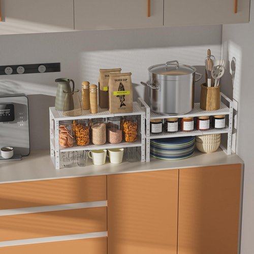 Wobmmi Expandable,Adjustable & Stackable Spice Rack, Cabinet Kitchen Countertop Shelf Organizer,Metal Pantry Storage Shelves - Space-Saving Storage Solution(2Packs/White/Medium)