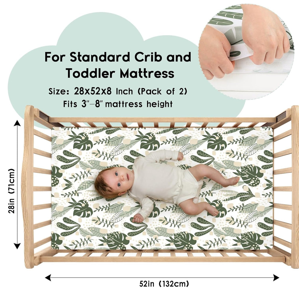 Yoofoss Fitted Baby Crib Sheets - Super Soft Microfiber 2-Pack for Standard Crib & Toddler Mattress | 28x52x8in Green & Banana Leaves