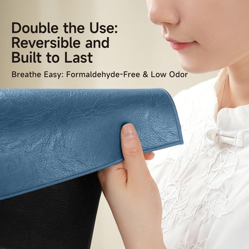 Black Faux Leather Placemats Set of 6, Waterproof Kitchen Blue Table Mats for Dining, Reversible PU Placemats in Crazy Horse Look, Oilproof Wipeable Bridle Leather Placemat for Office 12x18 Inch