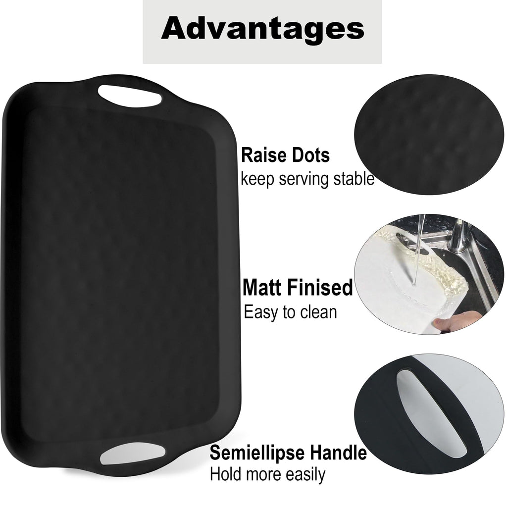 Extra Large Serving Tray with Handles, 20x13 inch, Set of 2 Melamine Platters for Serving Food, Turkey, Cookie, Rectangular Trays for Eating, Raised Dots Matt Finished, Dishwasher Safe, Black