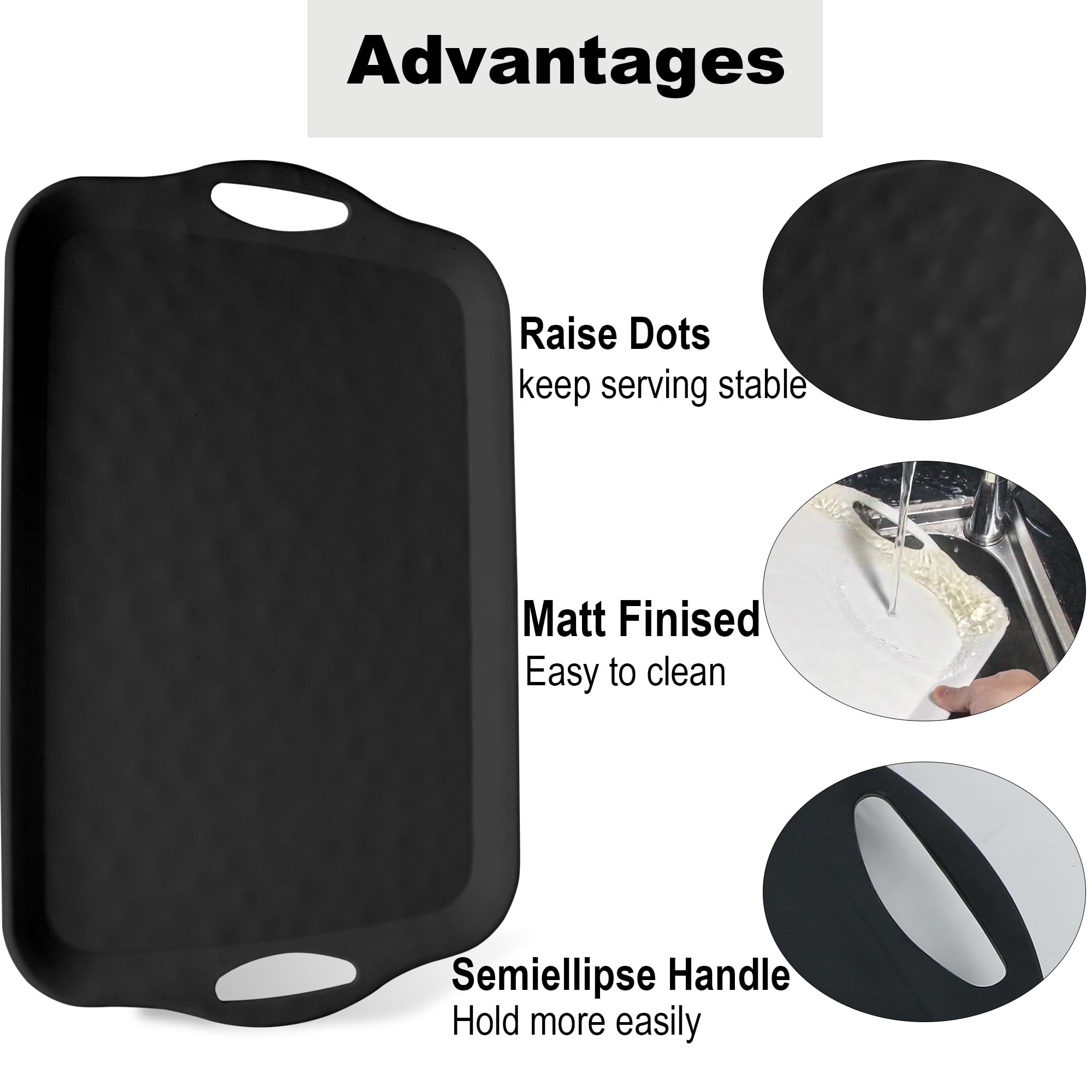 Extra Large Serving Tray with Handles, 20x13 inch, Set of 2 Melamine Platters for Serving Food, Turkey, Cookie, Rectangular Trays for Eating, Raised Dots Matt Finished, Dishwasher Safe, Black