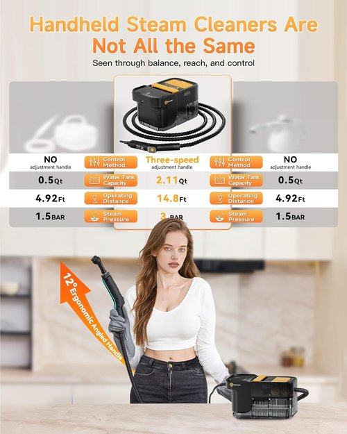 Gautye Steam Cleaner - Handheld Steamer with 3 Adjustable Levels & 18 Accessories | 2.11 Qt Tank
