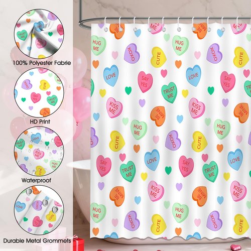 Mocsicka Valentines Shower Curtain Colorful Candy Heart Bathroom Shower Curtain Valentine Love Heart Waterproof Fabric Shower Curtains Bathtub Decor with 12 Hooks 72 X 72 Inches