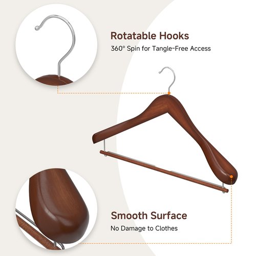 StorageWorks 6 Pack Wooden Hangers, Extra Wide Shoulder Wood Hangers with Locking Bar for Suit, Shirt, Coat, Pants, Walnut Color