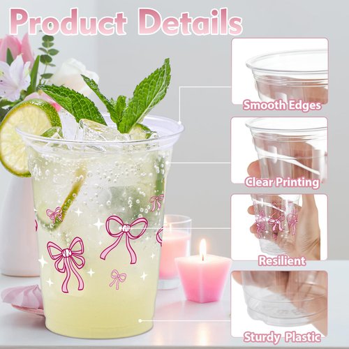 ZCPTZ 100 Pcs Pink Bow Plastic Cups, 12 oz Cute Bow Drinking Cups Pink Bow Clear Disposable Plastic Cups for Bridal Shower Wedding Birthday Party Supplies