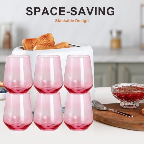 GLAZVIA Pink Stemless Wine Glasses Set of 6, 15oz Drinking Glassware Dishwasher Safe, Wine Glass Tumblers for Red or White, Gift for Party, Holiday, Anniversary, Restaurant, Home Bar, Daily Use