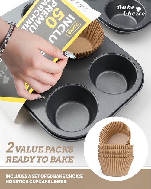 Bake Choice Jumbo Muffin Pan Set - Nonstick 6-Cup Baking Pans with 50 Natural Cupcake Liners