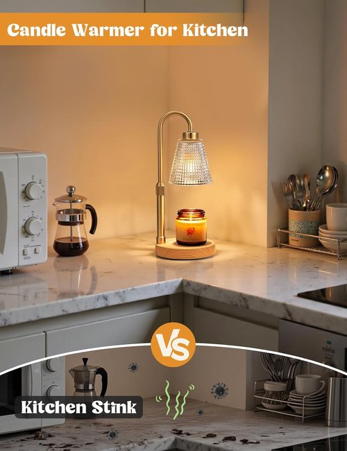 Innqoo Candle Warmer Lamp - Wood Color & Clear Design | Dimmable, Adjustable Height for Jar Candles & Wax Melts