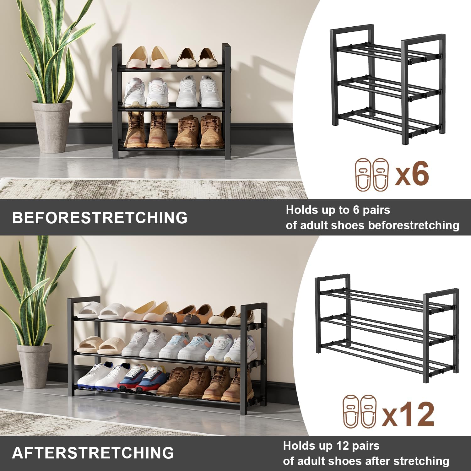 Skiennix 3-Tier Expandable Shoe Rack - Adjustable Heavy-Duty Metal Storage Organizer | Black