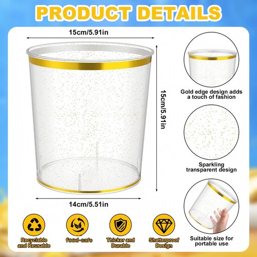 Acellegic 18 Pcs Ice Buckets Bulk, 6 Liter Plastic Round Ice Buckets with Gold Rim and Glitter, Disposable Storage Drink Tub or Party Bar Wine Beer Champagne Beverage Bottle Cooler