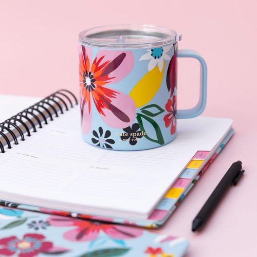 kate spade new york Stainless Steel Insulated Mug with Handle and Lid, 16 Ounce Double Wall Tumbler, Reusable Coffee Travel Mug for Hot and Cold Drinks (Safari Floral)