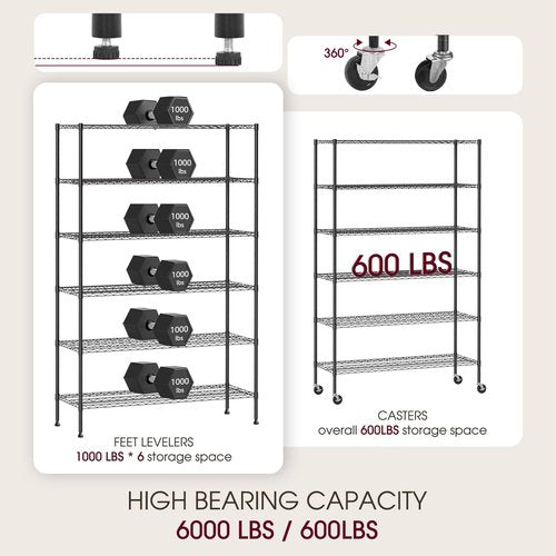BestOffice 6-Tier Wire Storage Shelves with Wheels - Heavy-Duty Metal, Adjustable Racks, 48x18x77, Black | No-Tool Assembly, Holds Up to 600 lbs, Perfect for Home & Garage