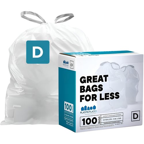 Plasticplace Custom Fit Trash Bags, Compatible with simplehuman Code D White Drawstring Garbage Liners 5.3 Gallon / 20 Liter, 15.75" x 28", 100 Count ( Pack of 1)