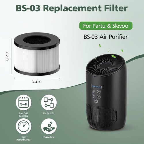 BS-03 HEPA Replacement Filter Compatible with PARTU and Slevoo BS-03 HEPA Air Purifier with 3-in-1 Filtration System, 2 Pack