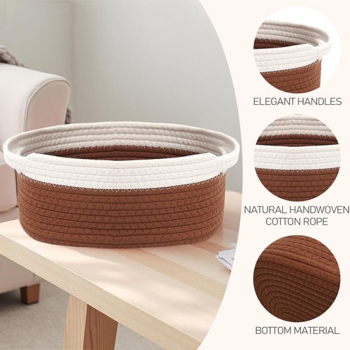 JMvicyroam Woven Basket - Small Rope Storage Bin with Handles for Organizing Shelves & Closets | White & Brown