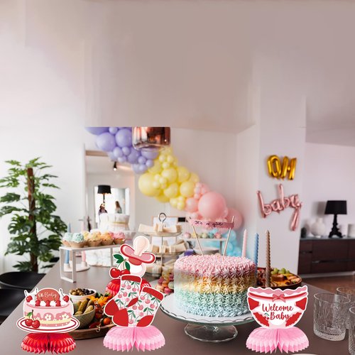 Refavor Cherry Baby Shower Decorations for Girls, 9PCS She's the Little Cherry Theme Honeycomb Centerpieces Decor, Cherry Welcome Baby Party Table Decoration Supplies Kids