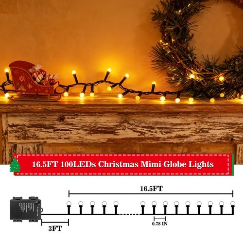 TGXCF 16Ft 100LEDs Christmas Lights Battery-Powered,Mimi Globe Lights 8 Modes,Indoor Outdoor Cluster String Lights for Bedroom Party Wedding Garden Christmas Tree Deco(Warm White)