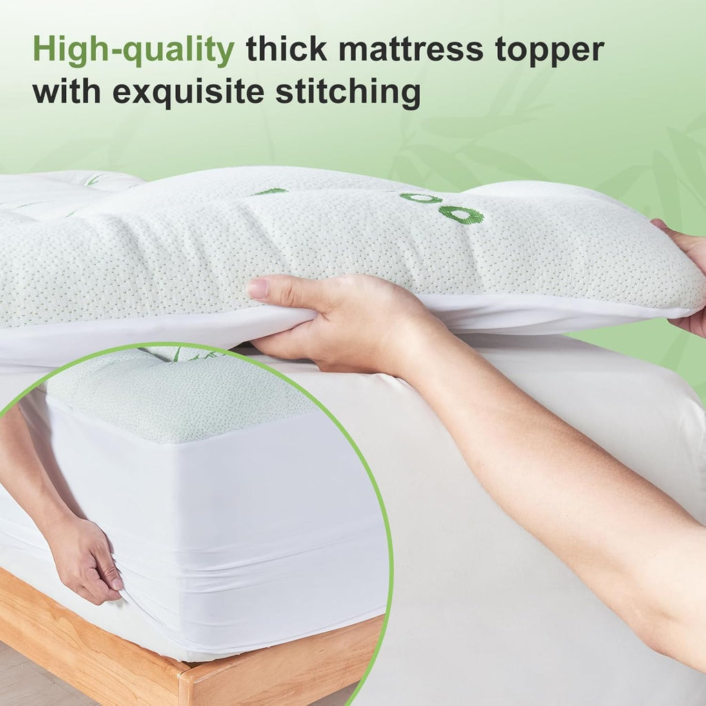 Skiennix Queen Size Mattress Topper - Soft Bamboo Viscose Pillow Top for Back Pain Relief | Cooling Protector, 8-21 Inch Deep Pocket, White