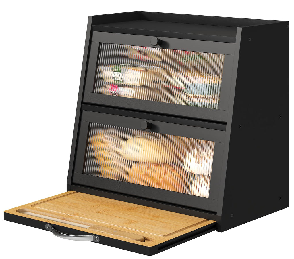 viewcare Bread Box for Kitchen Counter, Black Bread Box With Cutting Board, Bamboo Wood Large Capacity Bread Storage Bin with Acrylic Wavy Door Panel